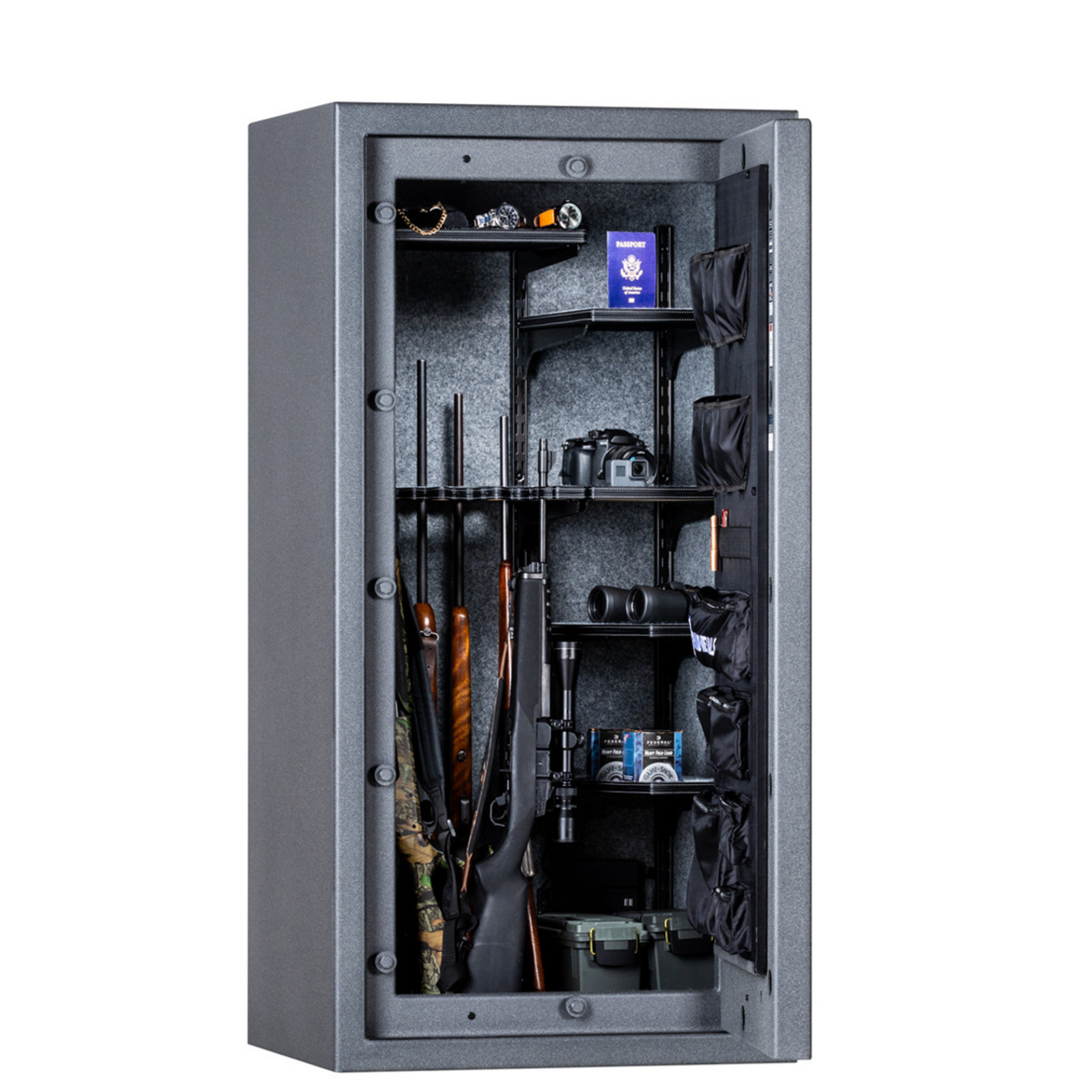 Rhino Metals Raptor 6033 gun safe closed, featuring 80‑minute fire protection and SafeX® anti‑pry technology.