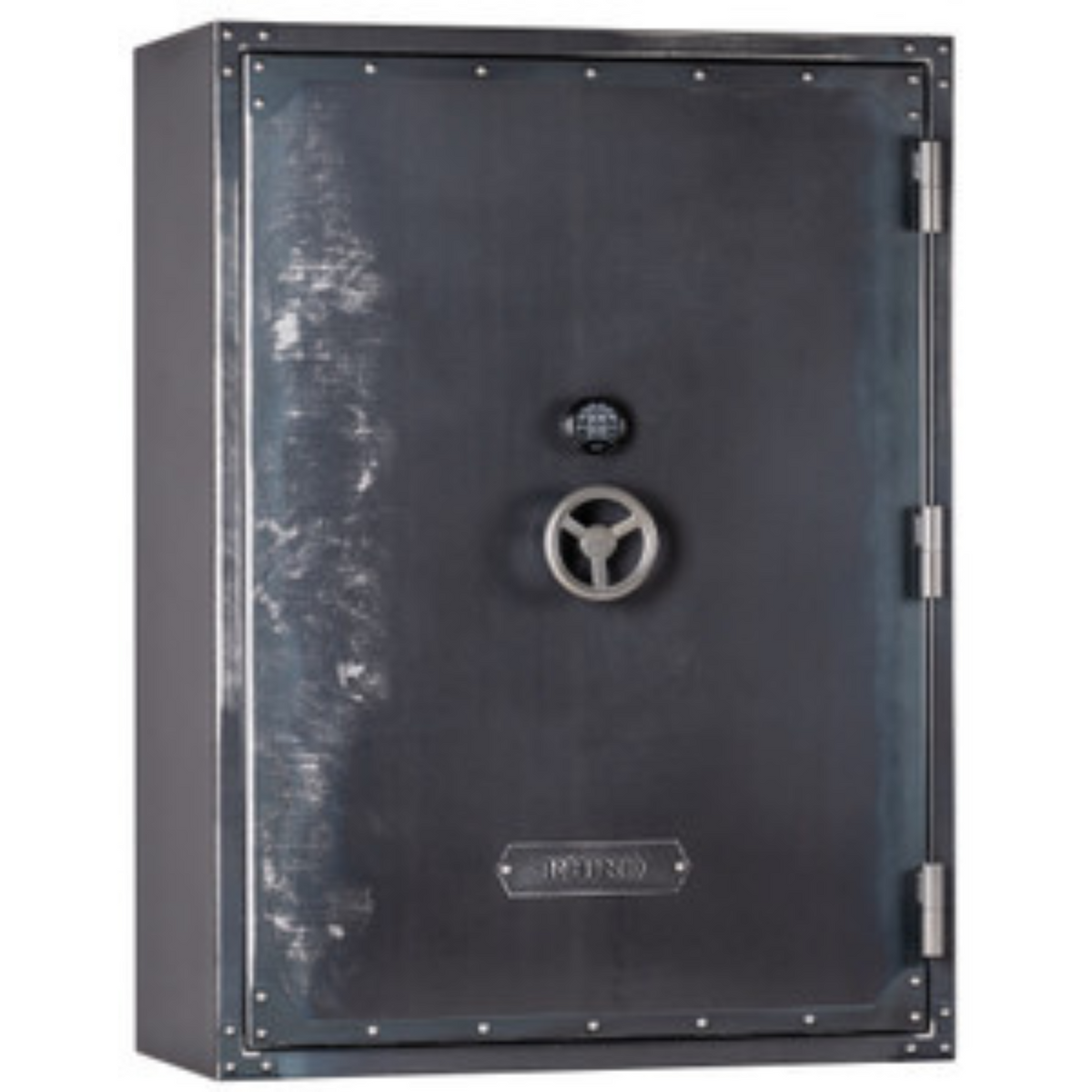 Rhino Metals Raptor 7253 gun safe closed, finished in antiqued Ironworks style with SafeX® anti-pry technology.