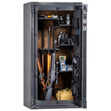 Rhino Metals Raptor 6030 gun safe with door open, showing adjustable interior and secure rifle storage.