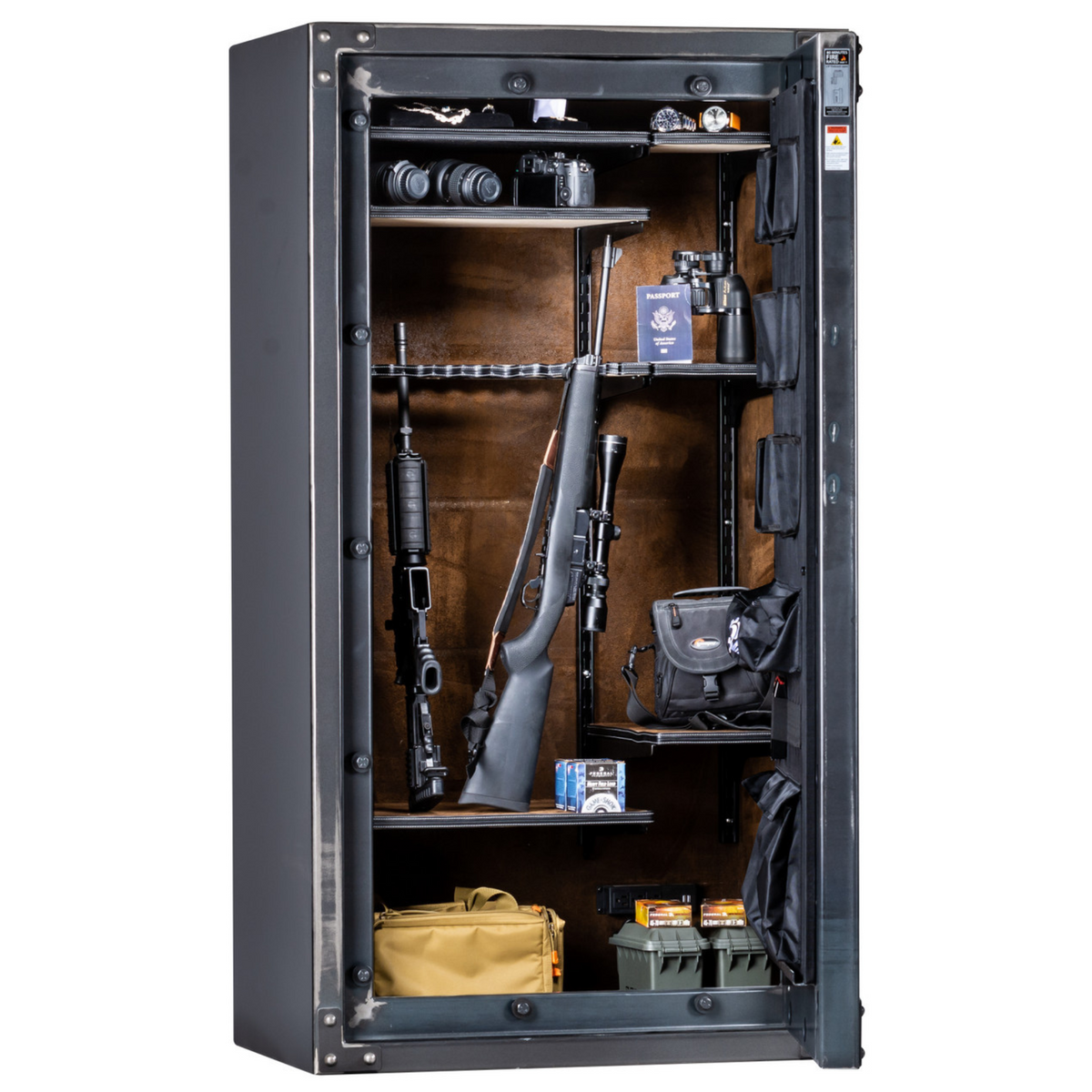 Rhino Metals Raptor 6636 gun safe door open, revealing spacious shelves, rifle rods, and a deluxe door organizer.