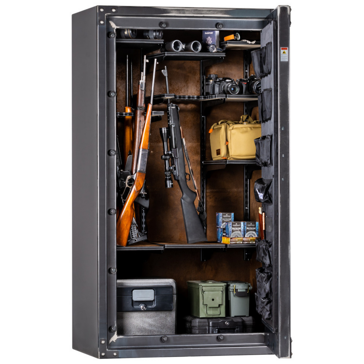 Rhino Metals Raptor 7241 gun safe interior fully visible, showcasing LED lighting, handgun pockets, and secure rifle storage.