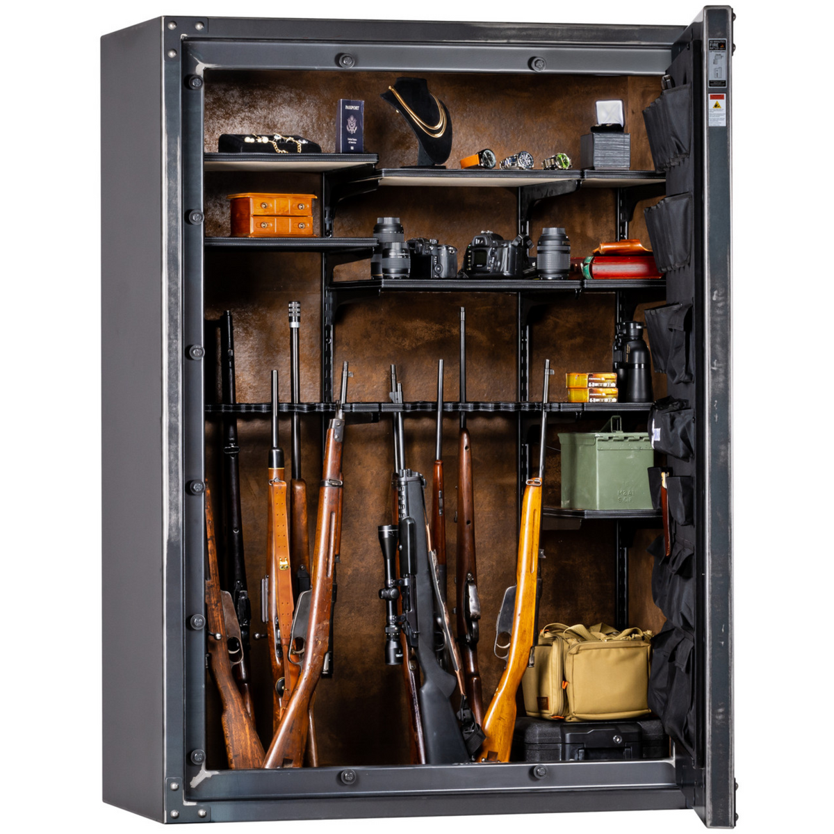 Rhino Metals Raptor 7253 gun safe door open, demonstrating customizable shelving, rifle rods, and fully upholstered interior.