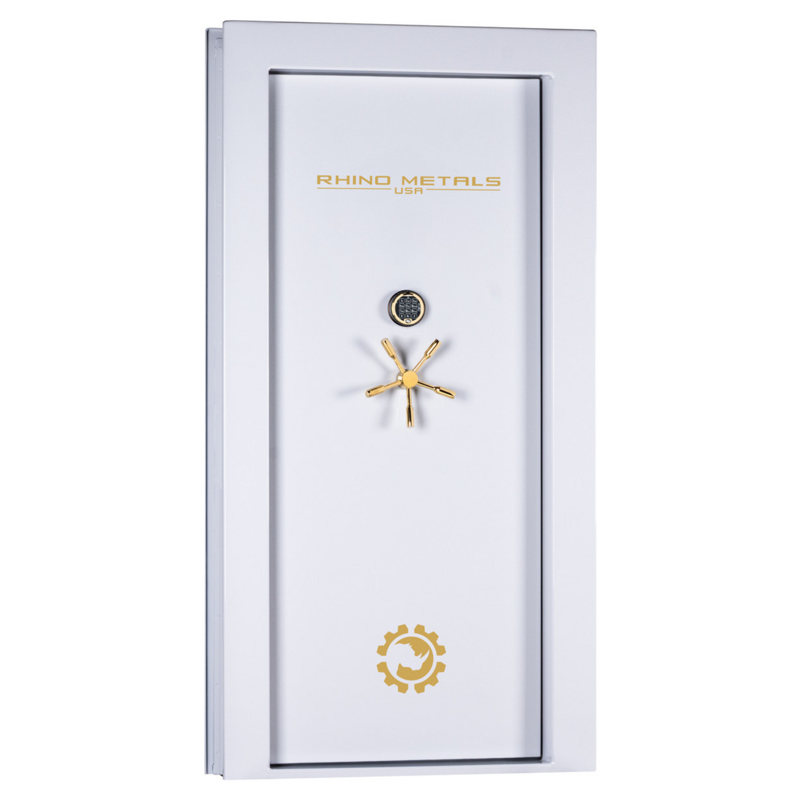 Rhino Metals in-swing vault door in a glossy white finish, showcasing a brass multi-spoke handle and reinforced steel frame for advanced security.