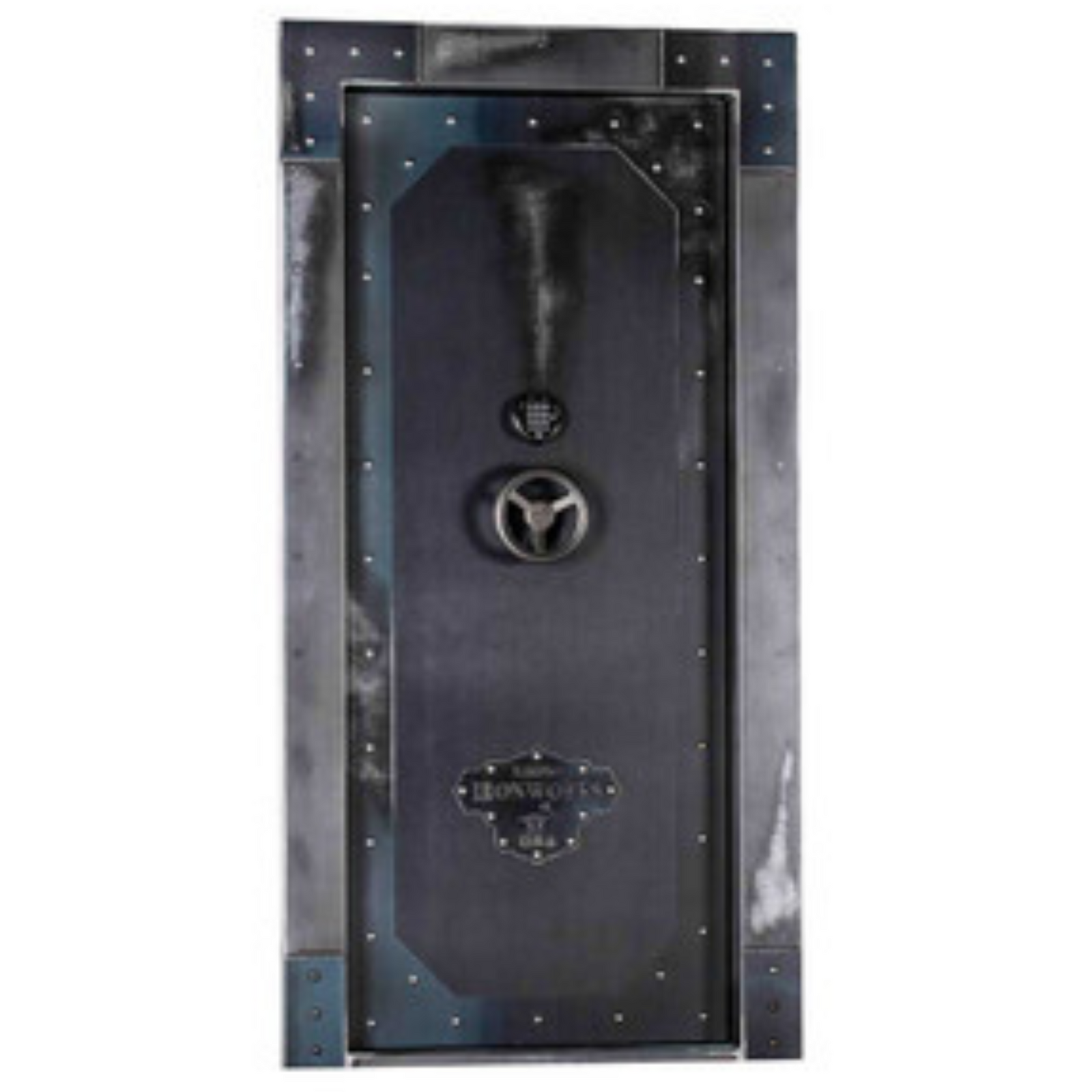 Rhino Ironworks in-swing vault door with an antiqued steel finish, shown closed, featuring a sturdy design for enhanced home or commercial security.
