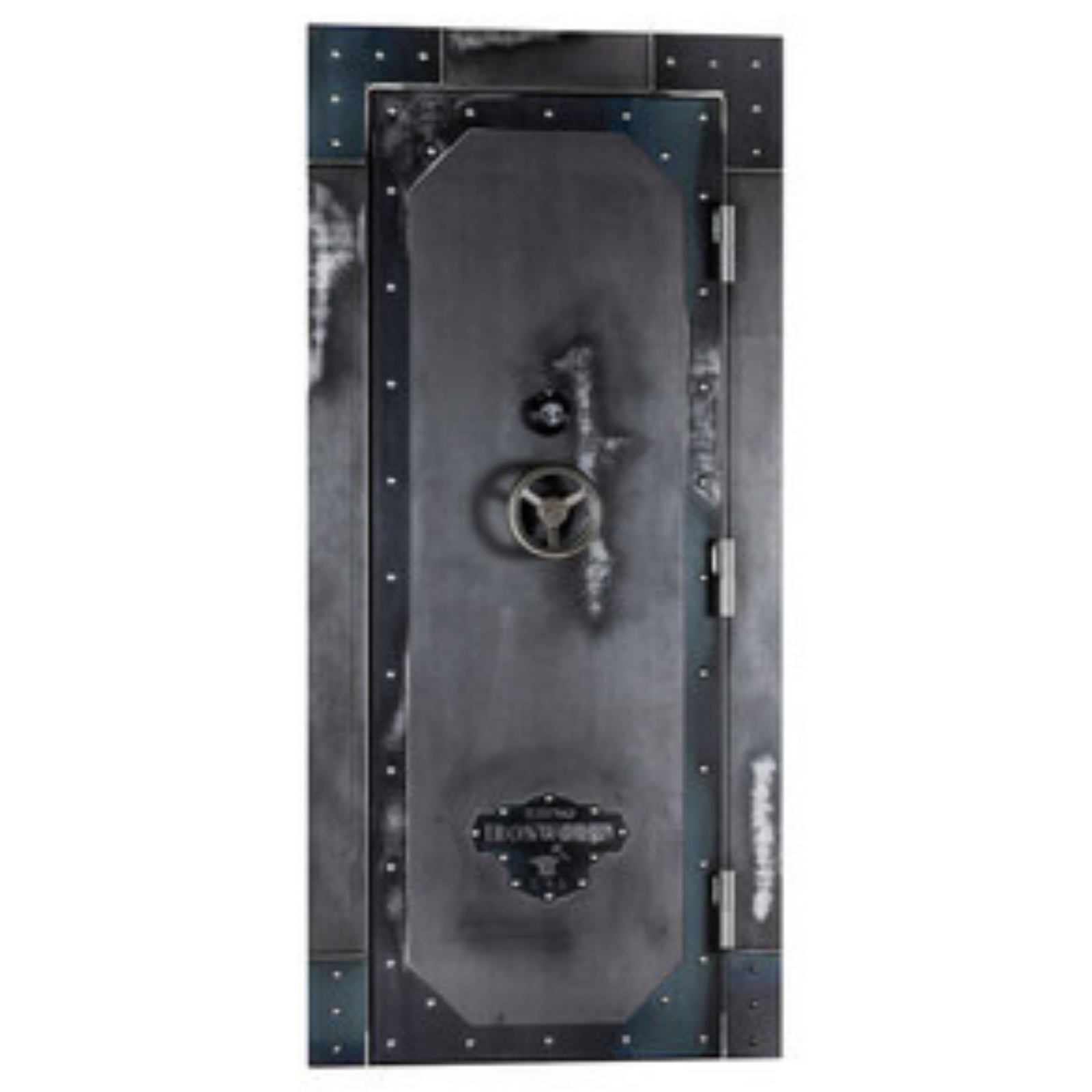 Rhino Ironworks IWVD8030 vault door in an antiqued finish, out-swing design, measuring 80″ x 30″ for secure entry to a vault or panic room.