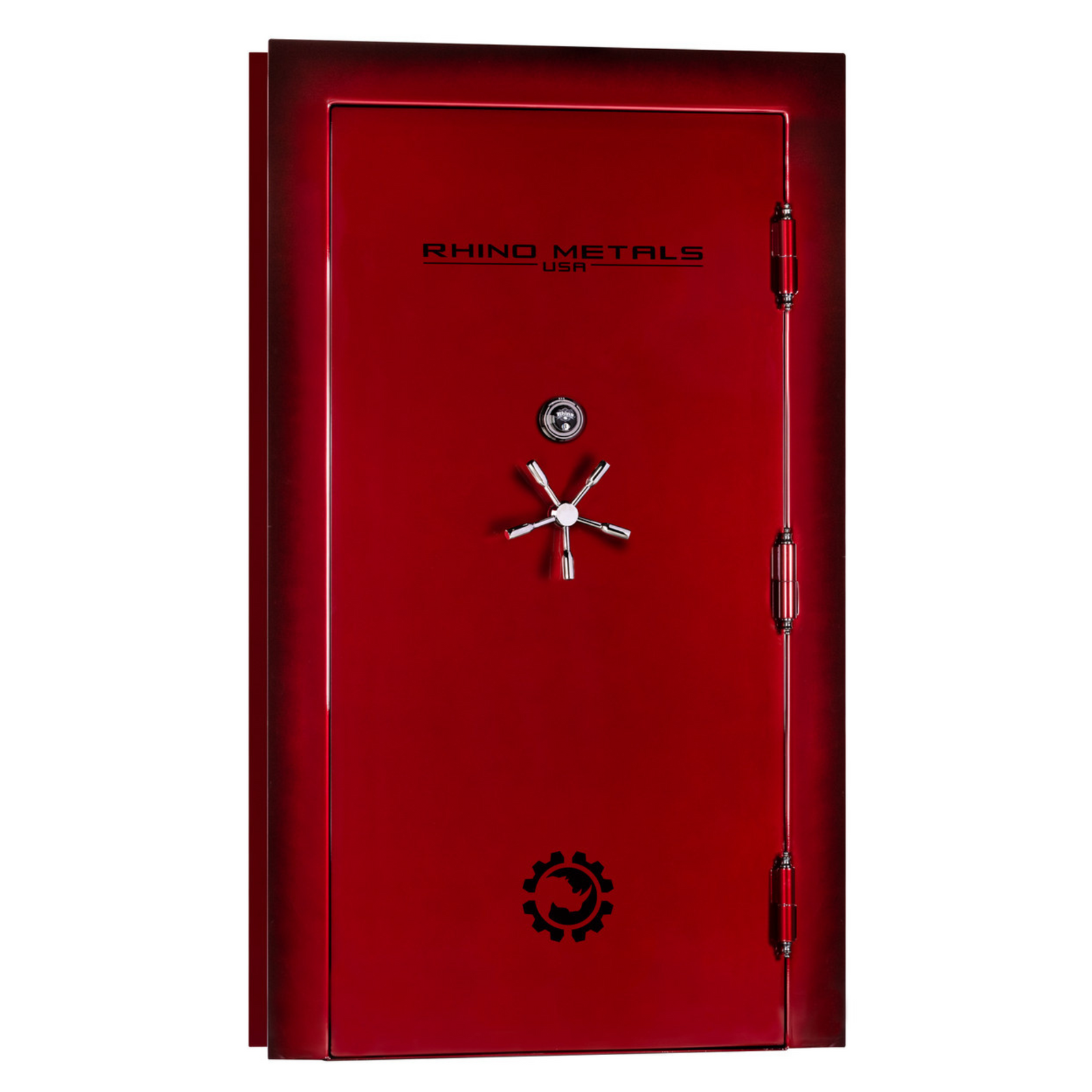 Rhino Metals gloss-finish vault door in a striking crimson color, out-swing design, showcasing a 5-spoke handle and heavy-duty hinges for high-security entry.