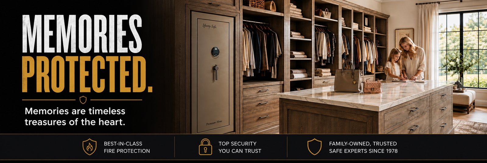 A mother and daughter in a closet beside a Liberty Premium Home safe.