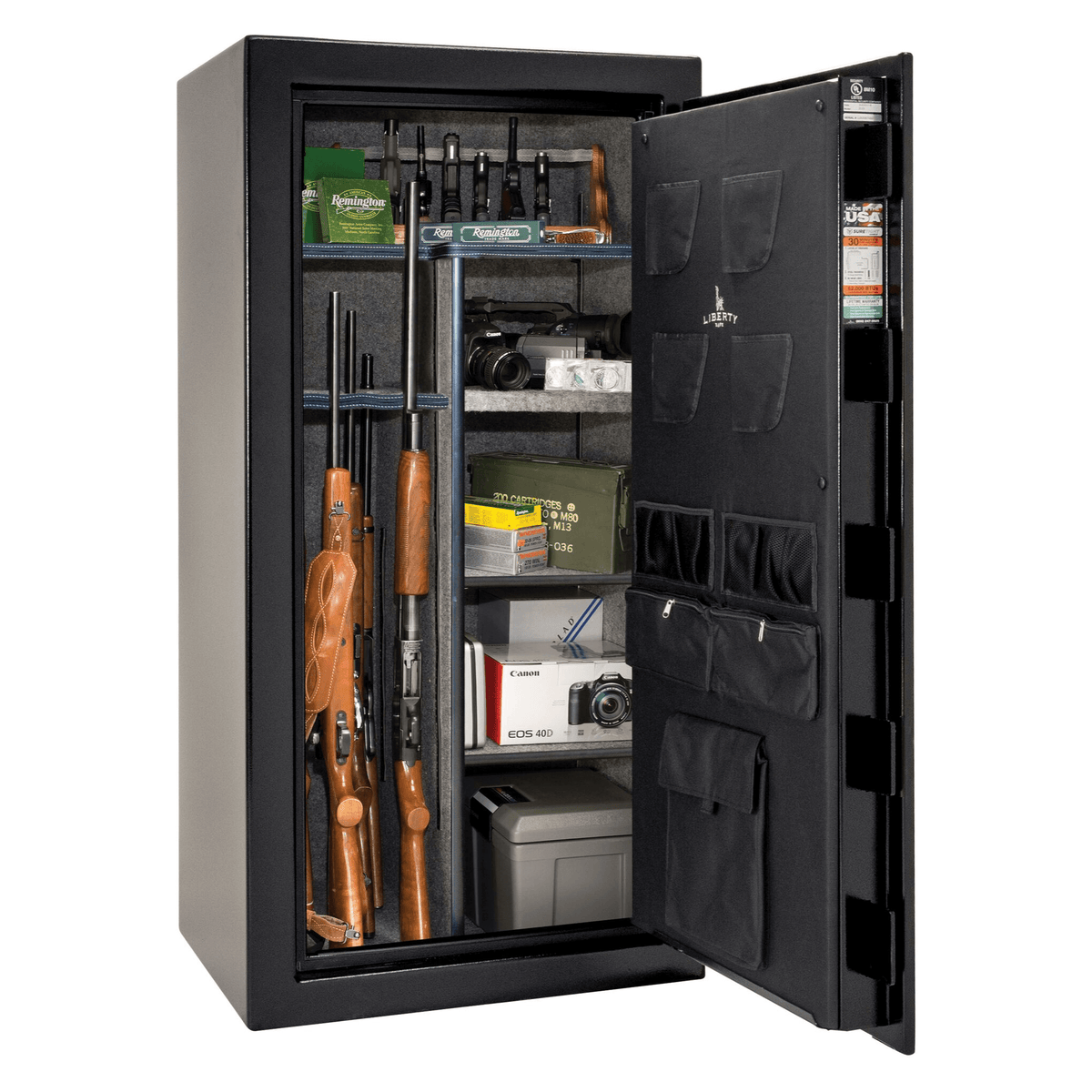 Liberty USA 30 gun safe in black finish, door open, revealing a dual-flex interior and door organizer for firearms and valuables.