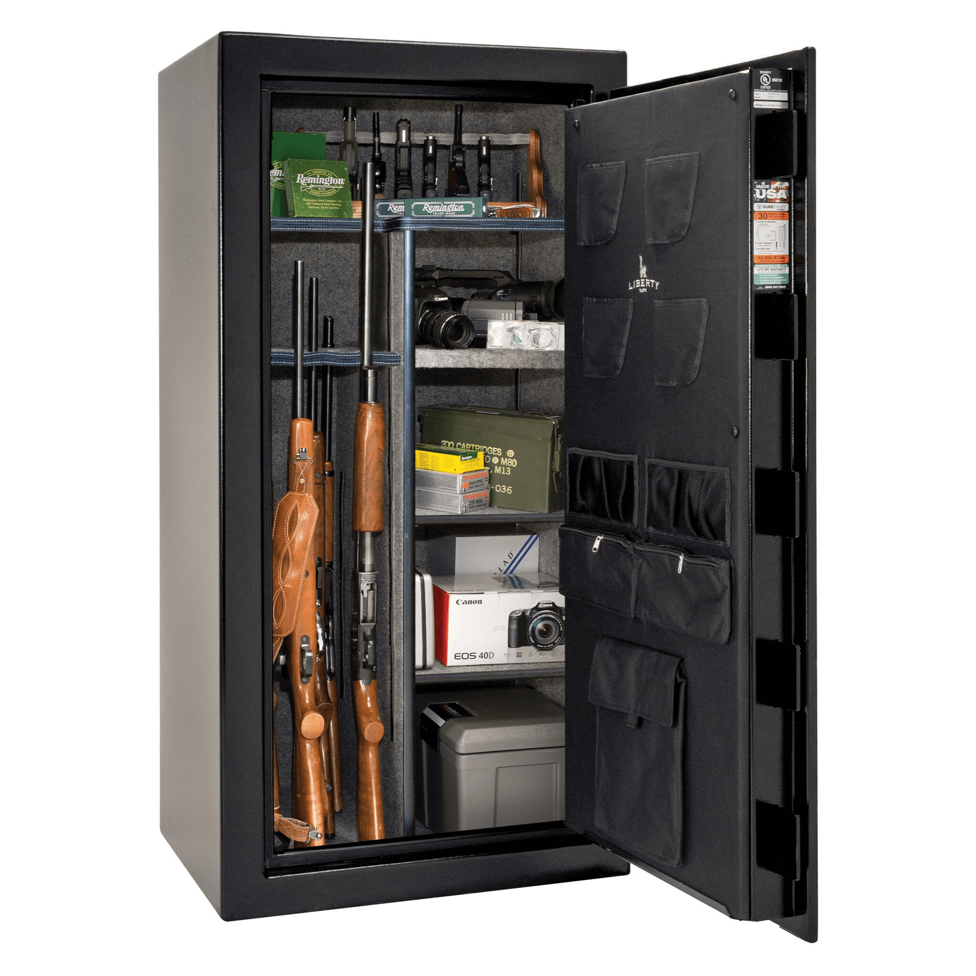 Liberty USA 30 gun safe in black finish, door closed, showcasing a compact yet sturdy design for up to 30 long guns.