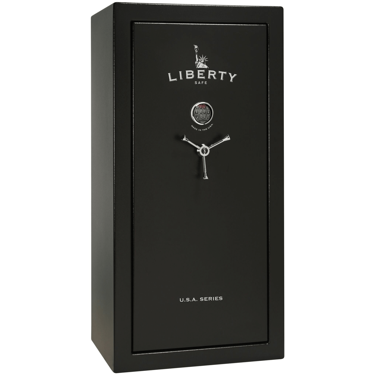 Liberty USA 30 gun safe in black finish, door closed, showcasing a compact yet sturdy design for up to 30 long guns.