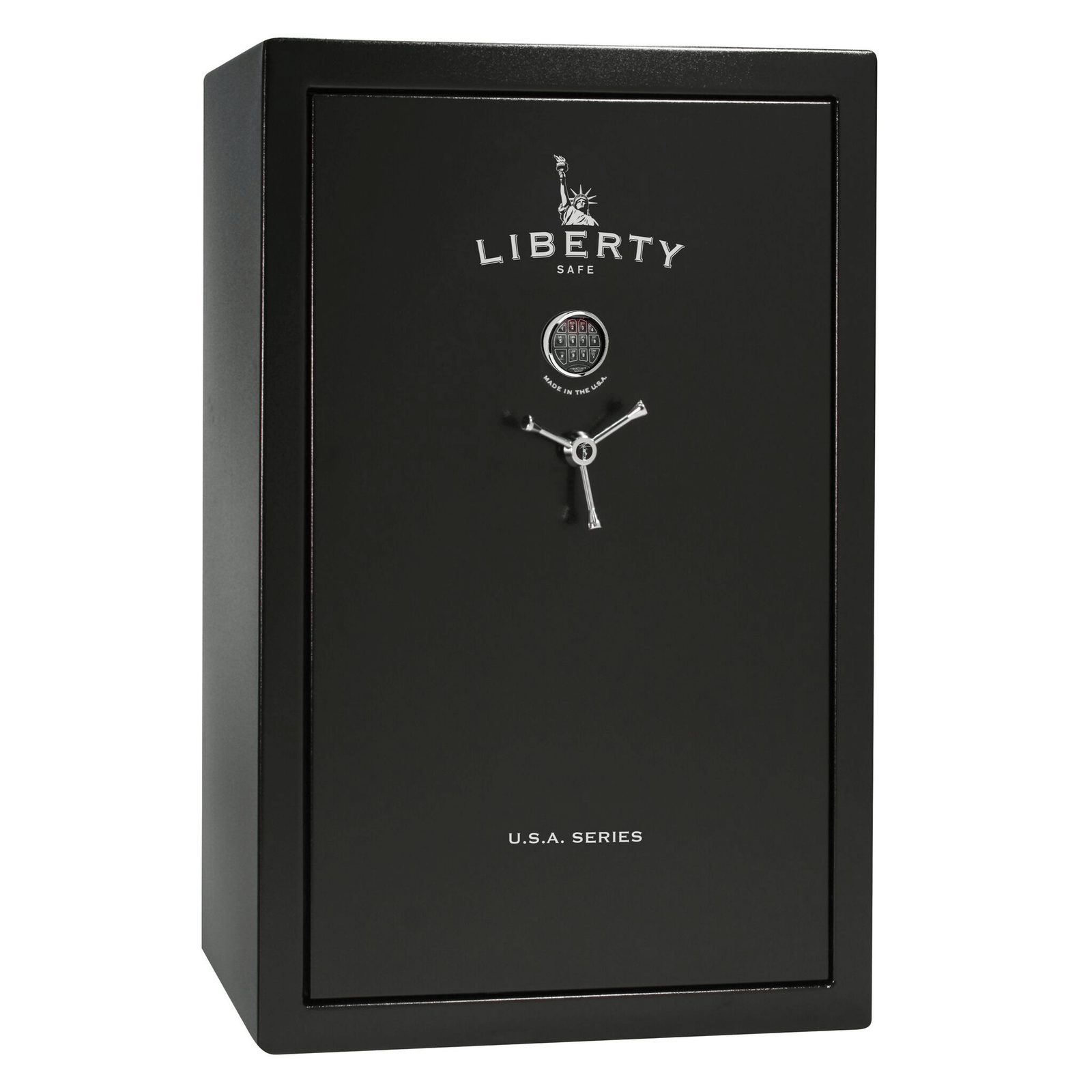 Liberty USA 48 gun safe in black finish, door closed, underscoring a high-capacity design with robust security features.