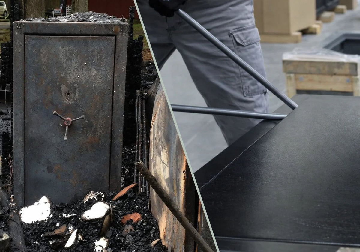 Person using a tool on a metal surface with a rusty metal box in the background