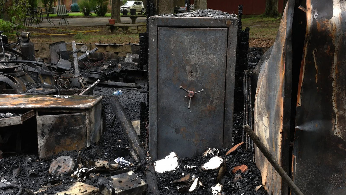 Burnt safe in a charred area with debris around