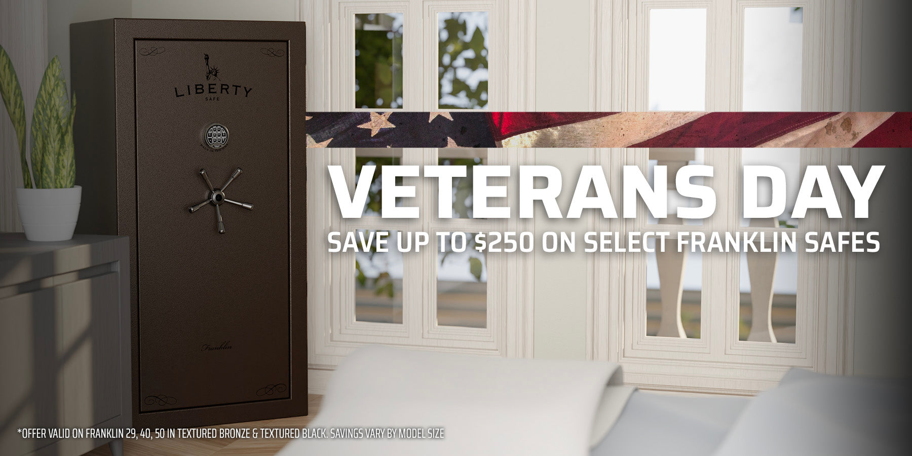 Liberty Safe Franklin Series gun safe in textured bronze finish displayed with Veterans Day sale banner offering up to $250 off select models.