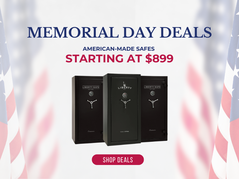 Advertisement for American-made safes with 'Memorial Day Deals' text and Liberty Safe branding.