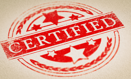 Red 'CERTIFIED' stamp with stars on a textured background