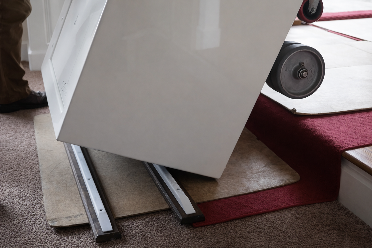 A heavy safe being moved on stair rails and protective boards, showing how professional delivery protects floors, stairs, and the home’s structure.